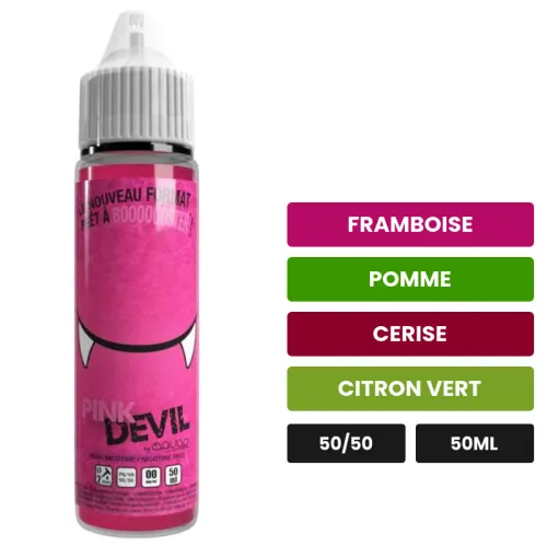 E-liquide Pink Devil d'Avap, 50 ml, saveurs framboise, pomme, cerise et 1 autre, sans nicotine — prêt à booster de nicotine.
