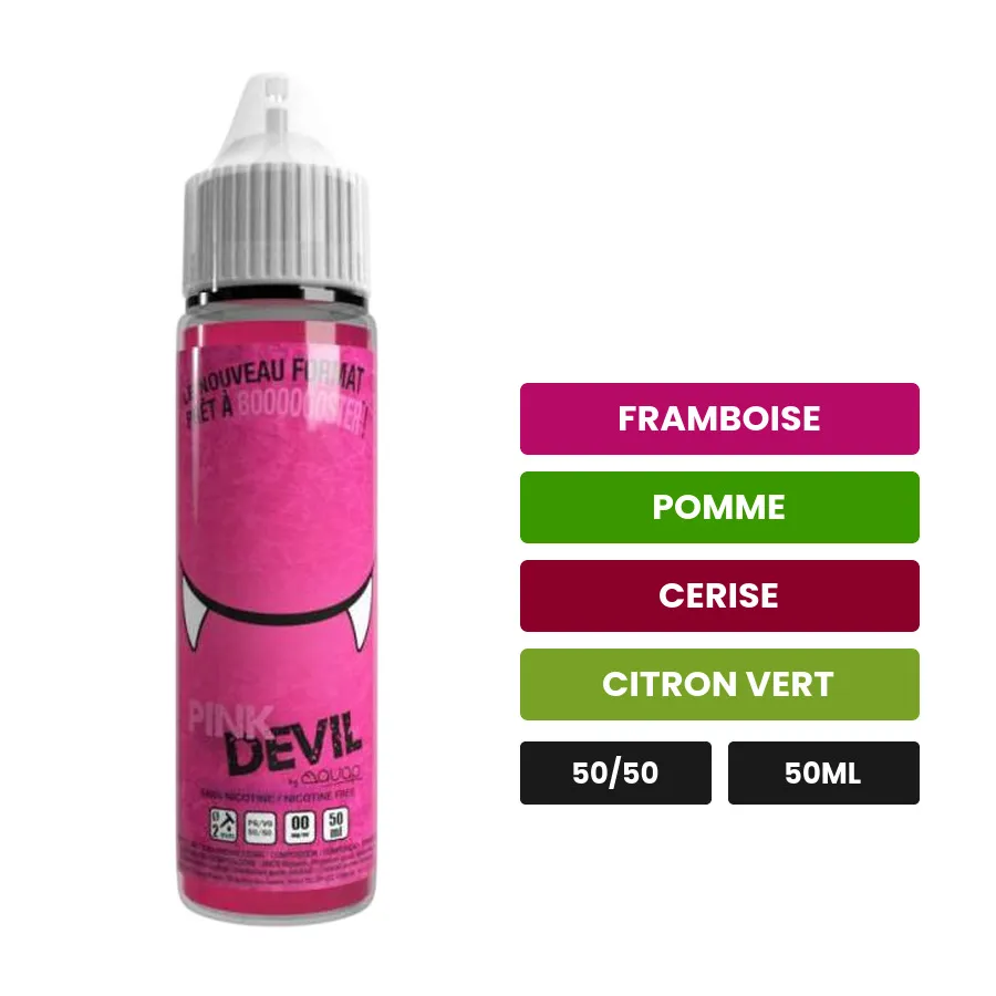 E-liquide Pink Devil d'Avap, 50 ml, saveurs framboise, pomme, cerise et 1 autre, sans nicotine — prêt à booster de nicotine.