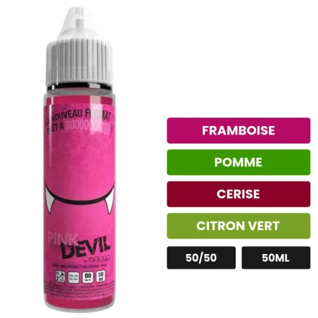 E-liquide Pink Devil d'Avap, 50 ml, saveurs framboise, pomme, cerise et 1 autre, sans nicotine — prêt à booster de nicotine.