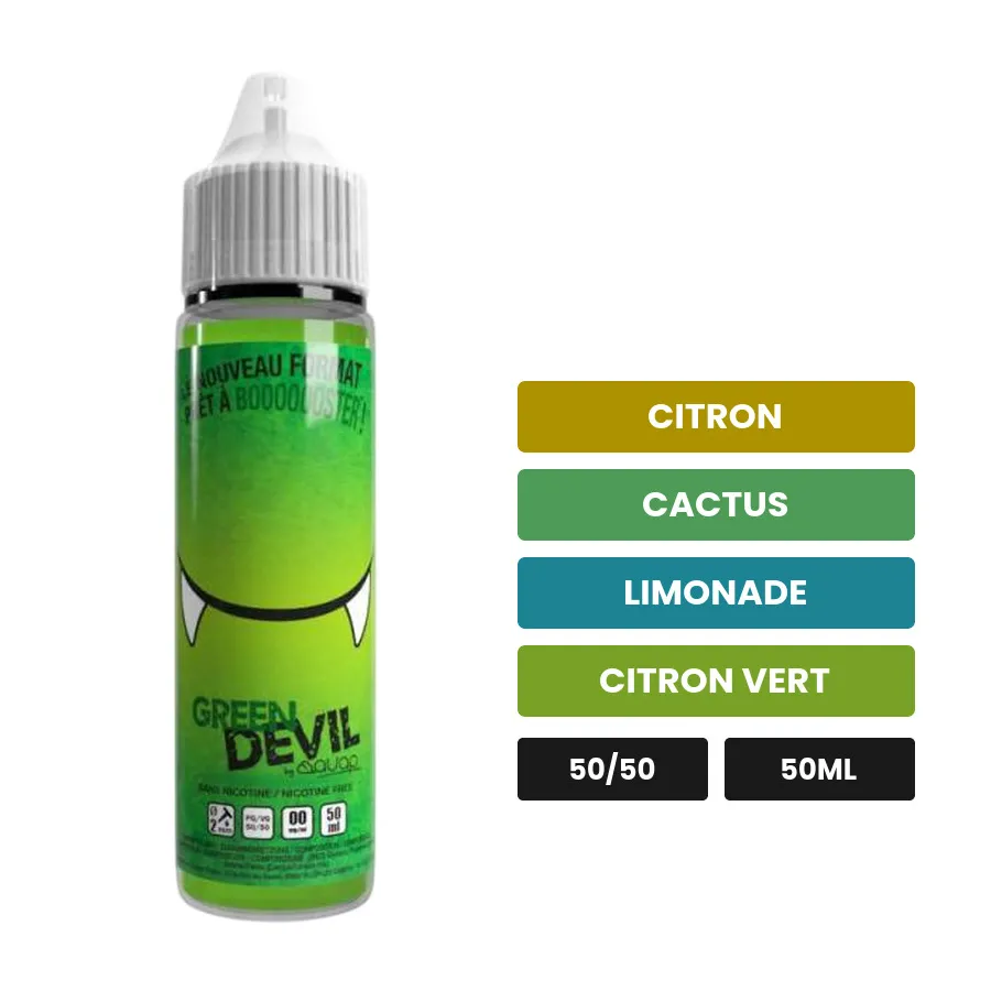 E-liquide Green Devil d'Avap, 50 ml, saveurs citron, cactus, limonade et 2 autres, sans nicotine — prêt à booster de nicotine.
