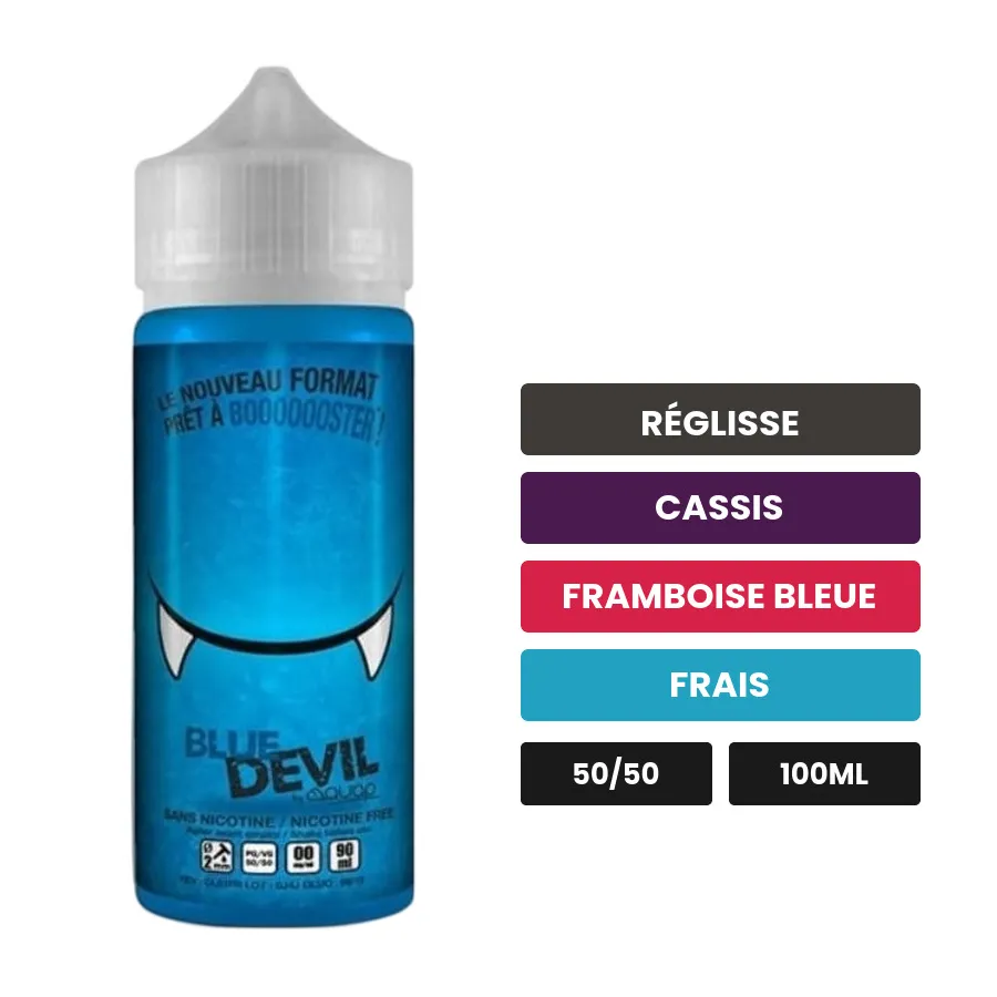 E-liquide Blue Devil d'Avap, 100 ml, saveurs réglisse, cassis, framboise bleue et 1 autre, sans nicotine — prêt à booster de.