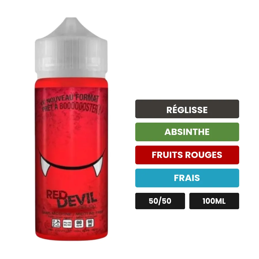 E-liquide Red Devil d'Avap, 100 ml, saveurs réglisse, absinthe, fruits rouges et 1 autre, sans nicotine — prêt à booster de.