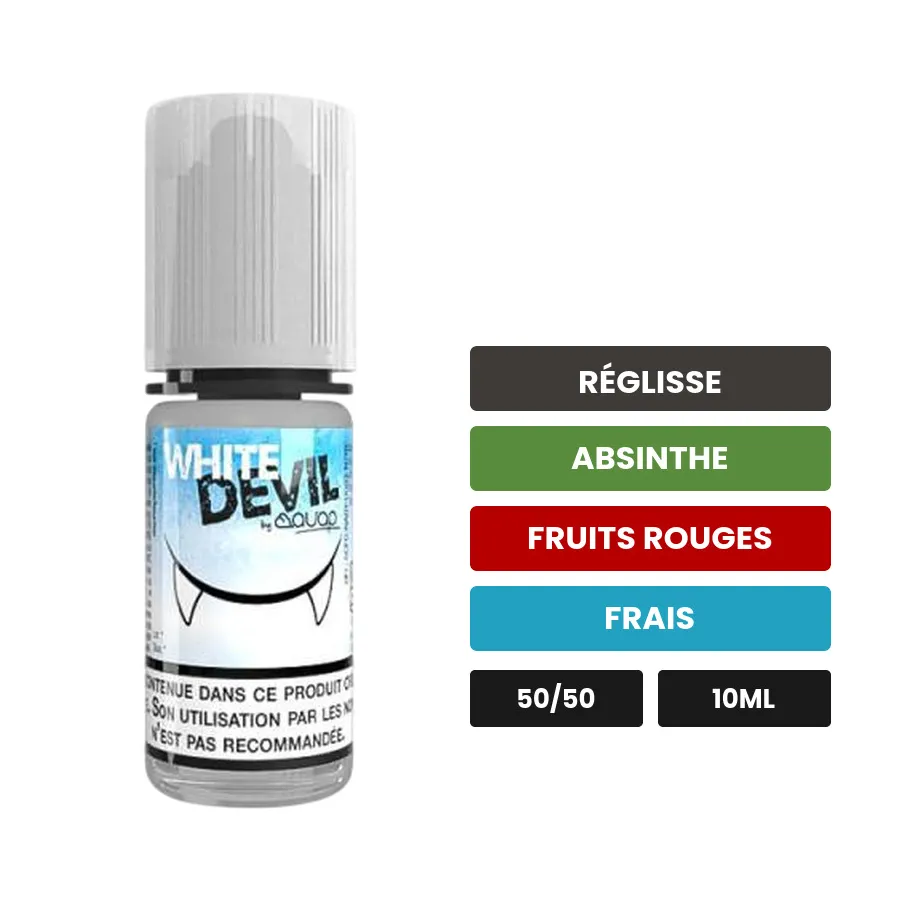 E-liquide White Devil d'Avap, 10 ml, saveurs réglisse, absinthe, fruits rouges et 1 autre.