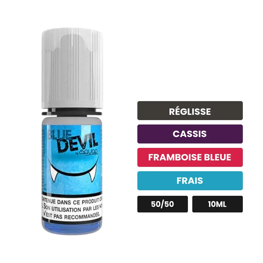 E-liquide Blue Devil d'Avap, 10 ml, saveurs réglisse, cassis, framboise bleue et 1 autre.