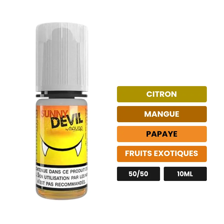 E-liquide Sunny Devil d'Avap, 10 ml, saveurs citron, mangue, papaye et 1 autre.