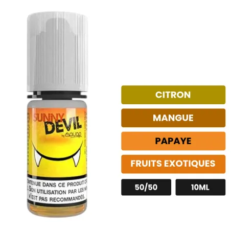 E-liquide Sunny Devil d'Avap, 10 ml, saveurs citron, mangue, papaye et 1 autre.