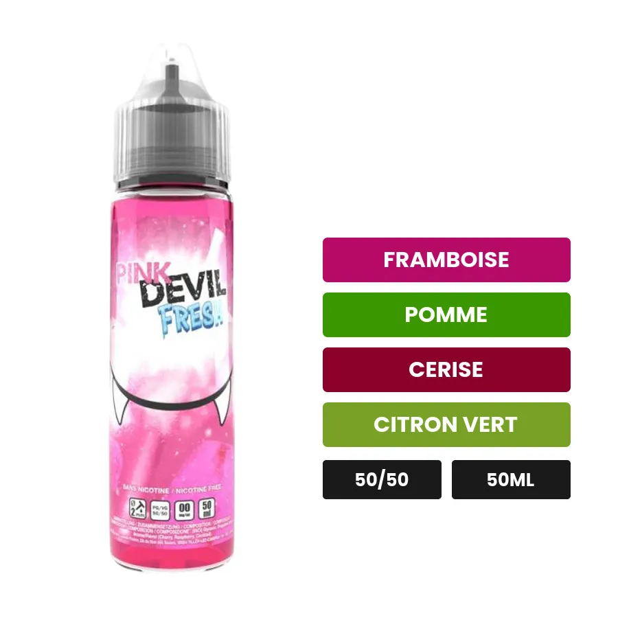 E-liquide Pink Devil Fresh d'Avap, 50 ml, saveurs framboise, pomme, cerise et 2 autres.