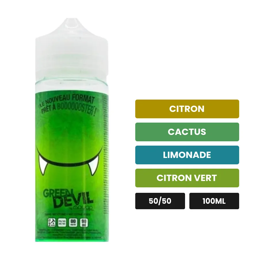E-liquide Green Devil d'Avap, 100 ml, saveurs citron, cactus, limonade et 2 autres, sans nicotine — prêt à booster de.
