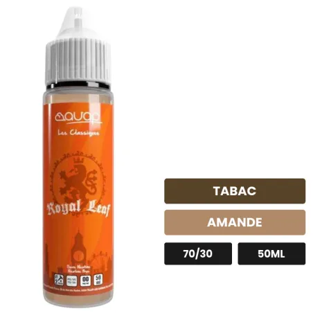 E-liquide Royal Leaf d'Avap, 50 ml, saveurs tabac et amande, sans nicotine — prêt à booster de nicotine.