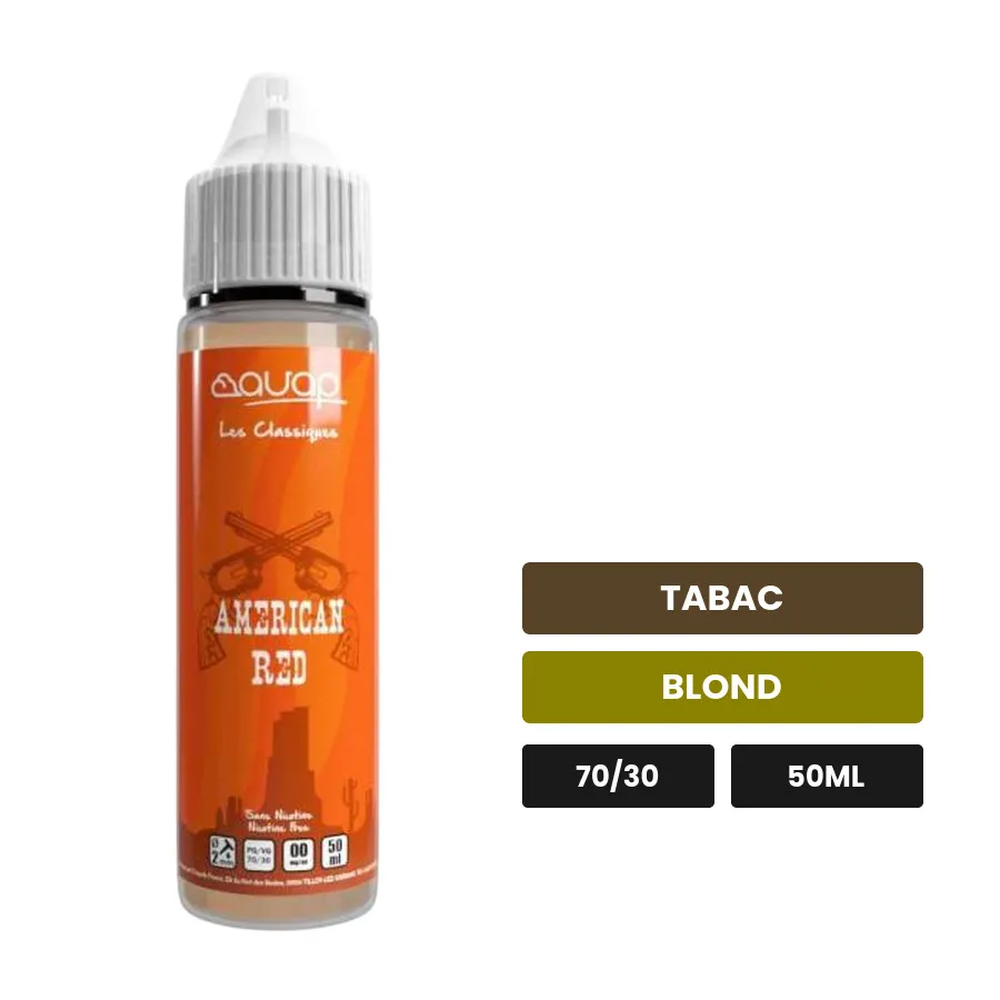 E-liquide American Red d'Avap, 50 ml, saveurs tabac et blond, sans nicotine — prêt à booster de nicotine.
