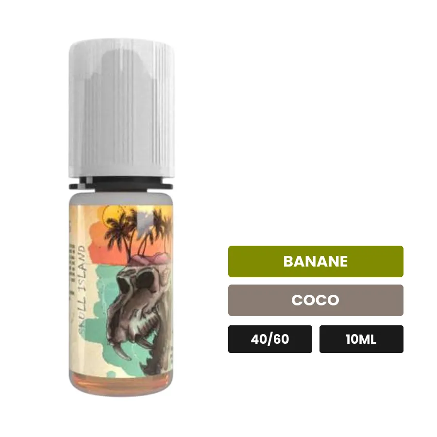 E-liquide Skull Island d'Avap, 10 ml, saveurs banane et coco.