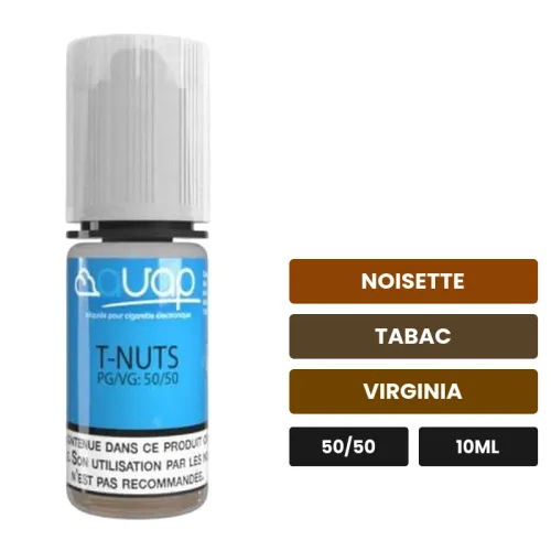 E-liquide T-Nuts d'Avap, 10 ml, saveurs noisette, tabac et virginia.