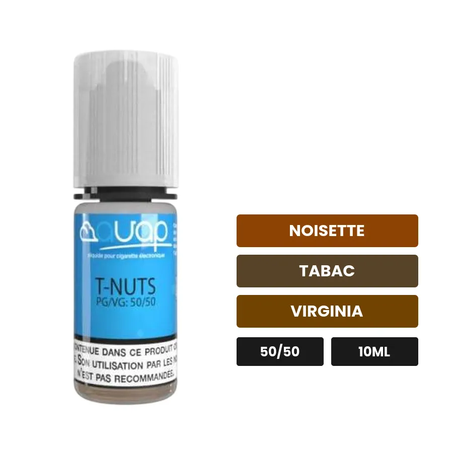 E-liquide T-Nuts d'Avap, 10 ml, saveurs noisette, tabac et virginia.