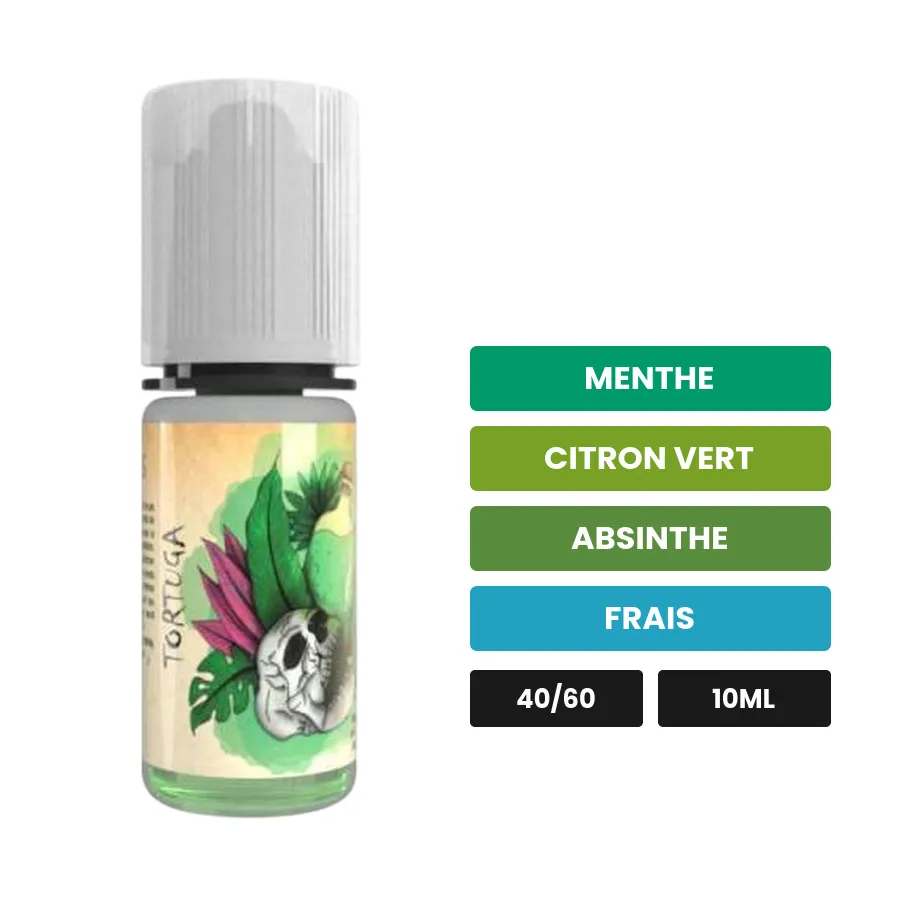 E-liquide Tortuga d'Avap, 10 ml, saveurs menthe, citron vert, absinthe et 1 autre.
