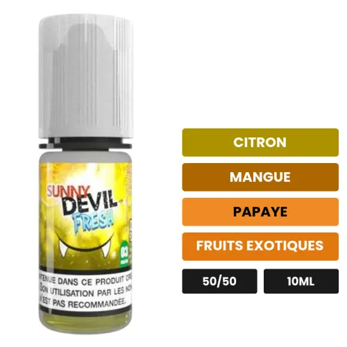 E-liquide Sunny Devil Fresh d'Avap, 10 ml, saveurs citron, mangue, papaye et 2 autres.