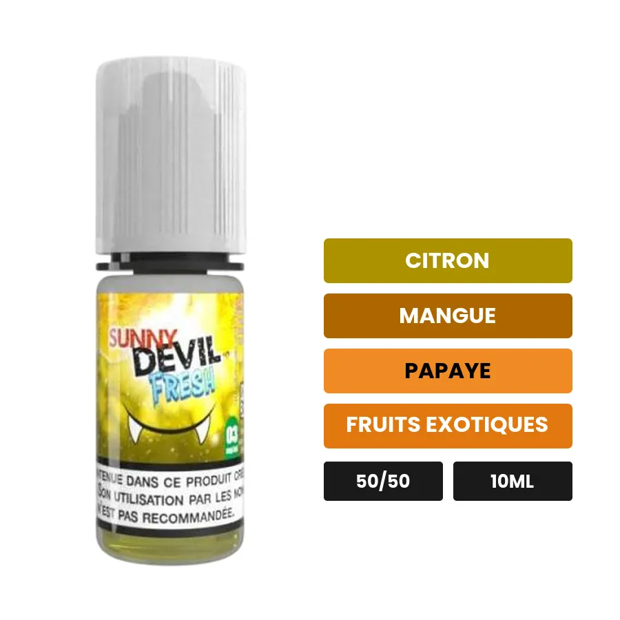 E-liquide Sunny Devil Fresh d'Avap, 10 ml, saveurs citron, mangue, papaye et 2 autres.