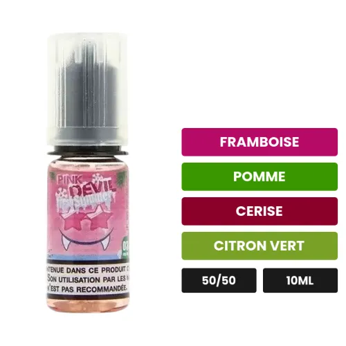 E-liquide Pink Devil Fresh d'Avap, 10 ml, saveurs framboise, pomme, cerise et 2 autres.