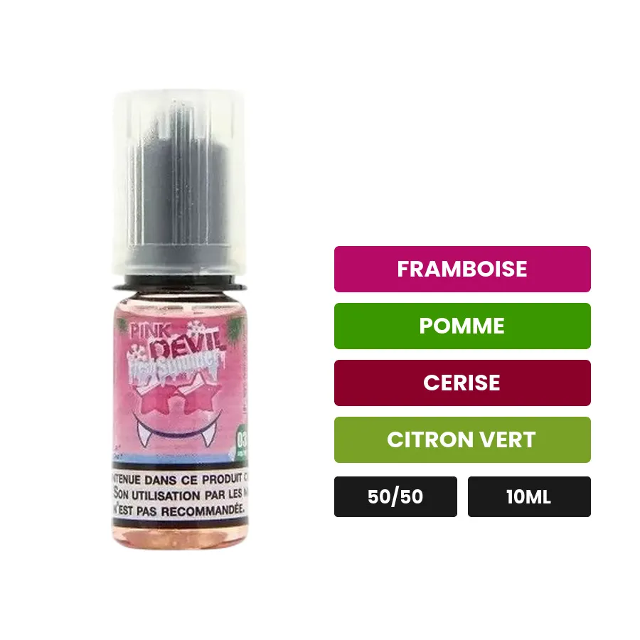E-liquide Pink Devil Fresh d'Avap, 10 ml, saveurs framboise, pomme, cerise et 2 autres.