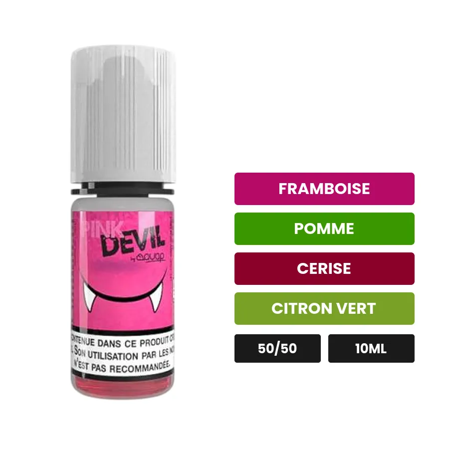 E-liquide Pink Devil d'Avap, 10 ml, saveurs framboise, pomme, cerise et 1 autre.