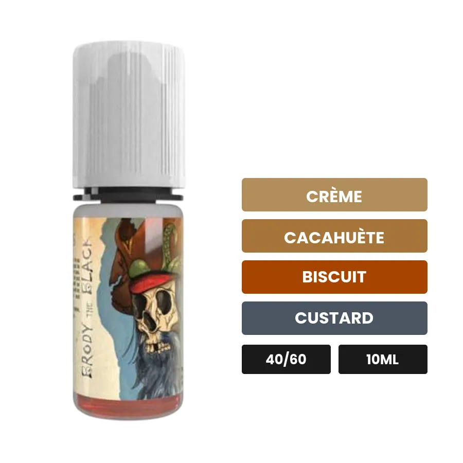 E-liquide Brody The Black d'Avap, 10 ml, saveurs crème, cacahuète, biscuit et 1 autre.
