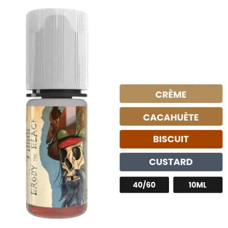 E-liquide Brody The Black d'Avap, 10 ml, saveurs crème, cacahuète, biscuit et 1 autre.