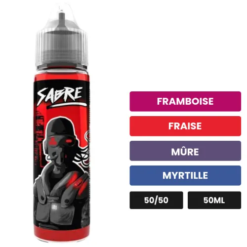 E-liquide Sabre d'Avap, 50 ml, saveurs framboise, fraise, mûre et 3 autres.