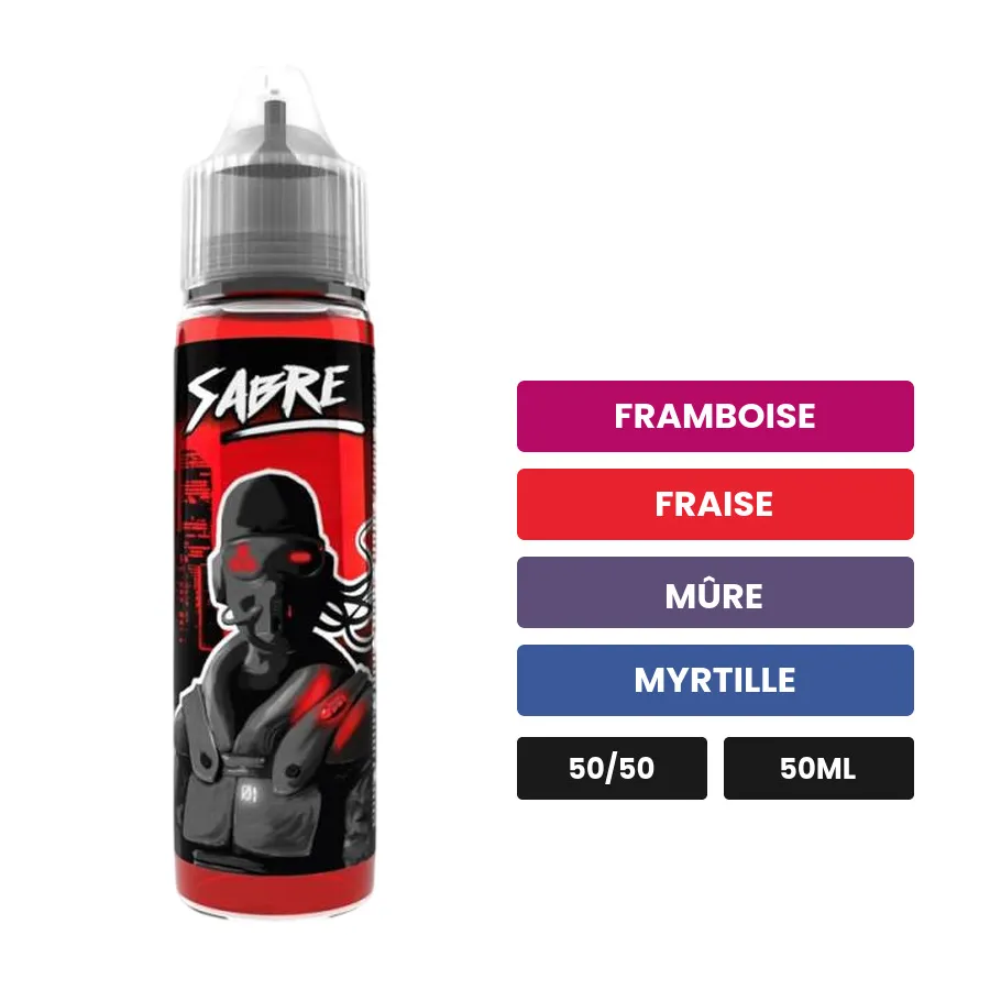 E-liquide Sabre d'Avap, 50 ml, saveurs framboise, fraise, mûre et 3 autres.