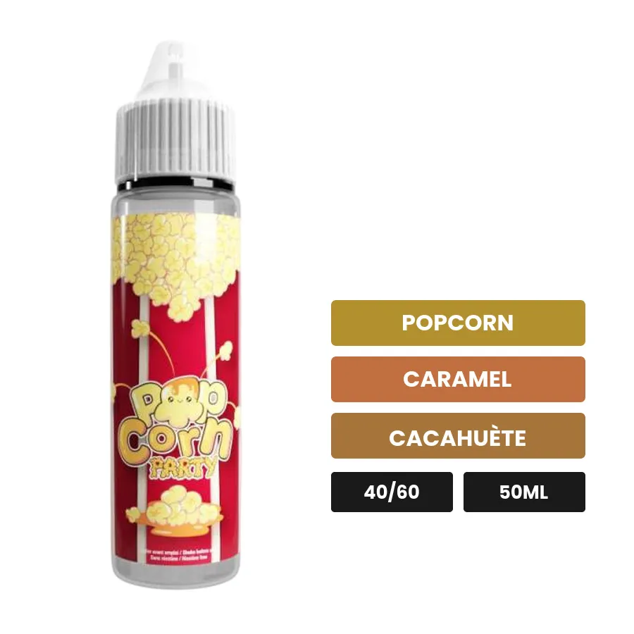 E-liquide Pop Corn Party d'Avap, 50 ml, saveurs popcorn, caramel et cacahuète.