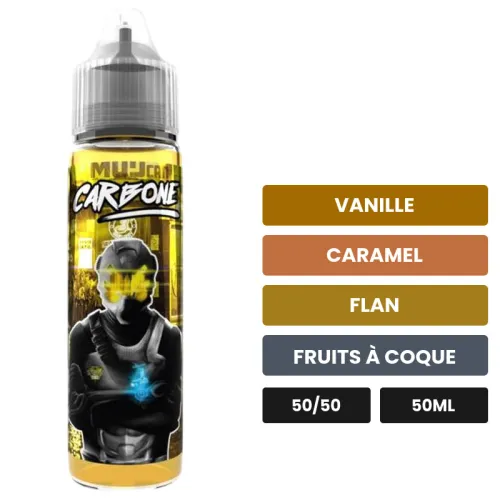 E-liquide Carbone d'Avap, 50 ml, saveurs vanille, caramel, flan et 1 autre.