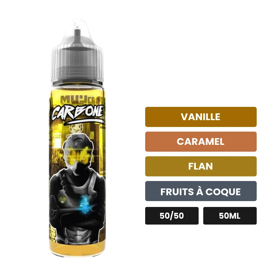 E-liquide Carbone d'Avap, 50 ml, saveurs vanille, caramel, flan et 1 autre.