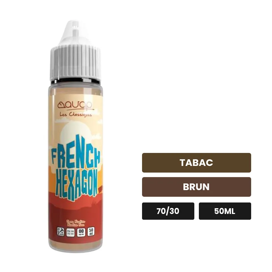 E-liquide French Hexagone d'Avap, 50 ml, saveurs tabac et brun.