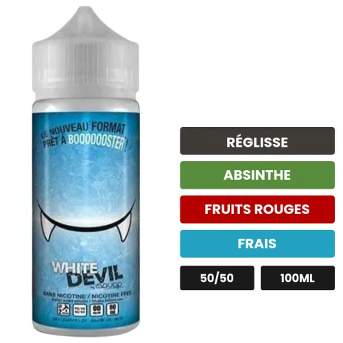E-liquide White Devil d'Avap, 100 ml, saveurs réglisse, absinthe, fruits rouges et 1 autre.