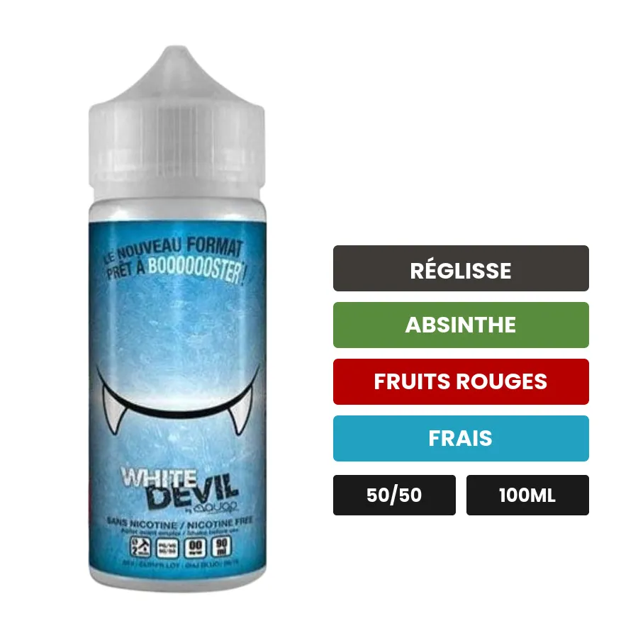 E-liquide White Devil d'Avap, 100 ml, saveurs réglisse, absinthe, fruits rouges et 1 autre.