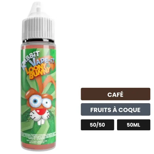 E-liquide Loony Bunny d'Avap, 50 ml, saveurs café et fruits à coque.