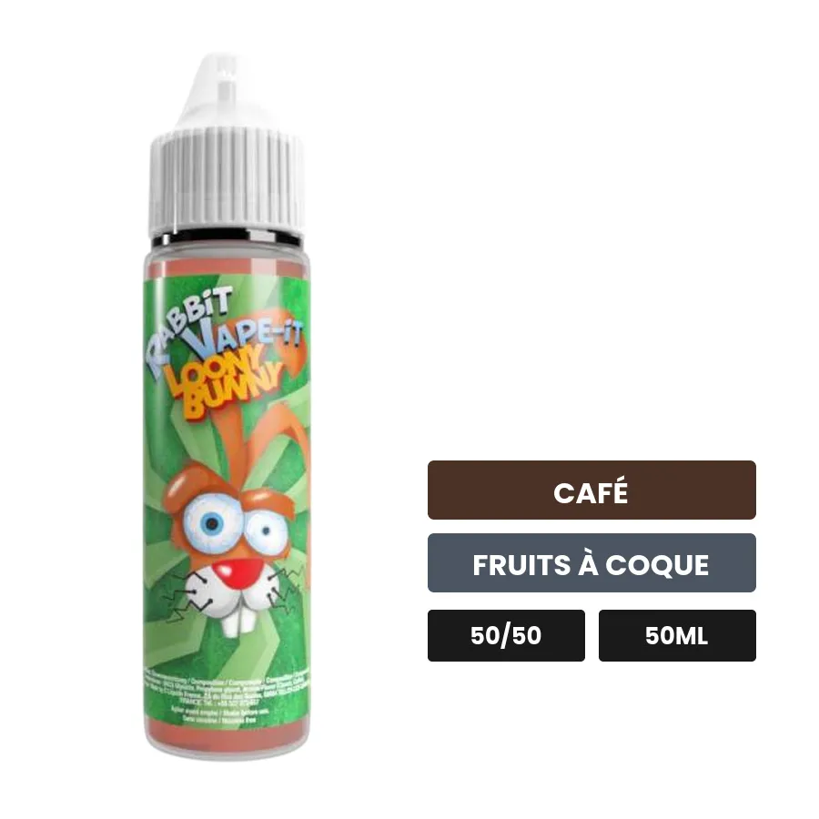 E-liquide Loony Bunny d'Avap, 50 ml, saveurs café et fruits à coque.