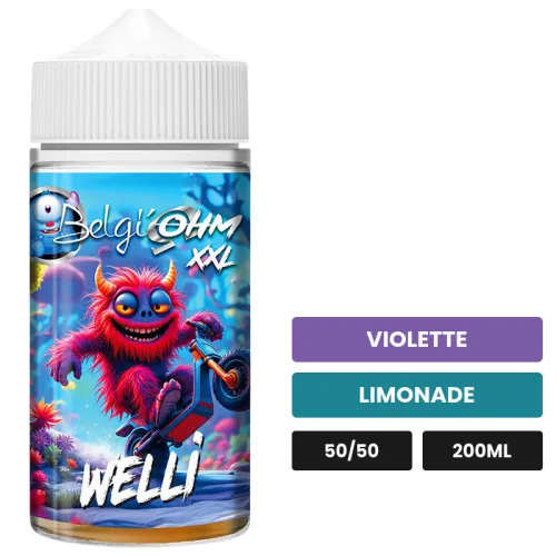 E-liquide Welli de Belgi'ohm, 200 ml, saveurs violette et limonade, sans nicotine — prêt à booster de nicotine.