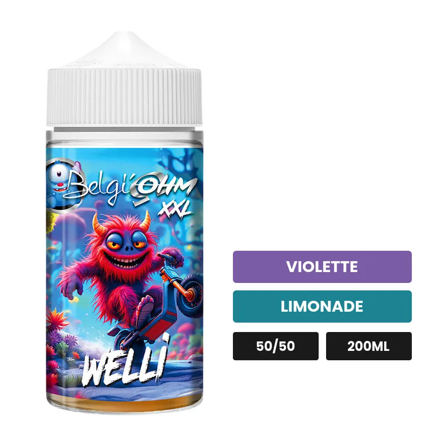 E-liquide Welli de Belgi'ohm, 200 ml, saveurs violette et limonade, sans nicotine — prêt à booster de nicotine.