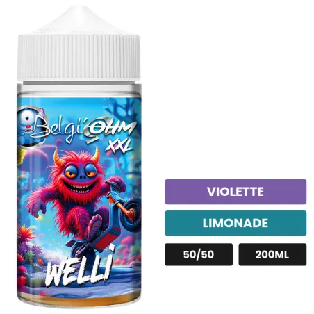 E-liquide Welli de Belgi'ohm, 200 ml, saveurs violette et limonade, sans nicotine — prêt à booster de nicotine.
