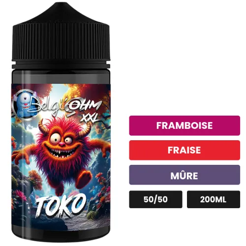 E-liquide Toko de Belgi'ohm, 200 ml, saveurs framboise, fraise et mûre, sans nicotine — prêt à booster de nicotine.