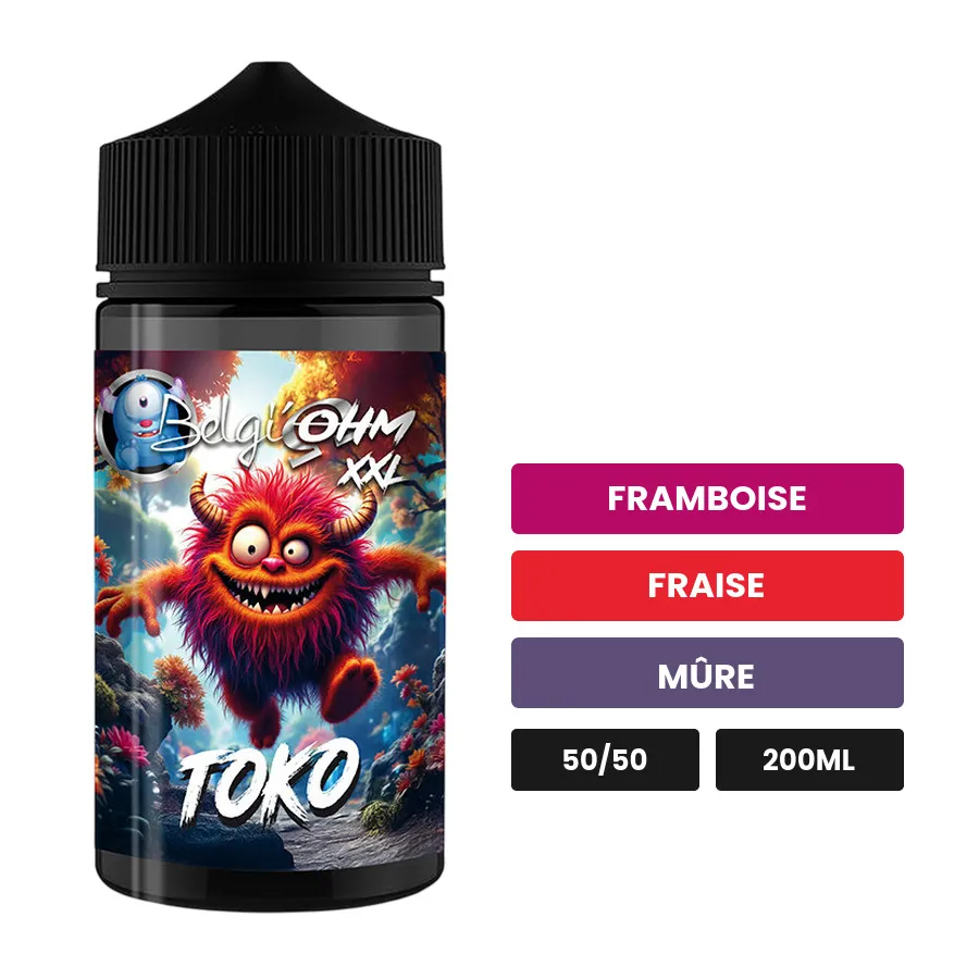 E-liquide Toko de Belgi'ohm, 200 ml, saveurs framboise, fraise et mûre, sans nicotine — prêt à booster de nicotine.