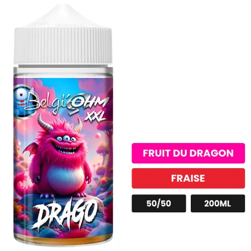 E-liquide Drago de Belgi'ohm, 200 ml, saveurs fruit du dragon et fraise, sans nicotine — prêt à booster de nicotine.