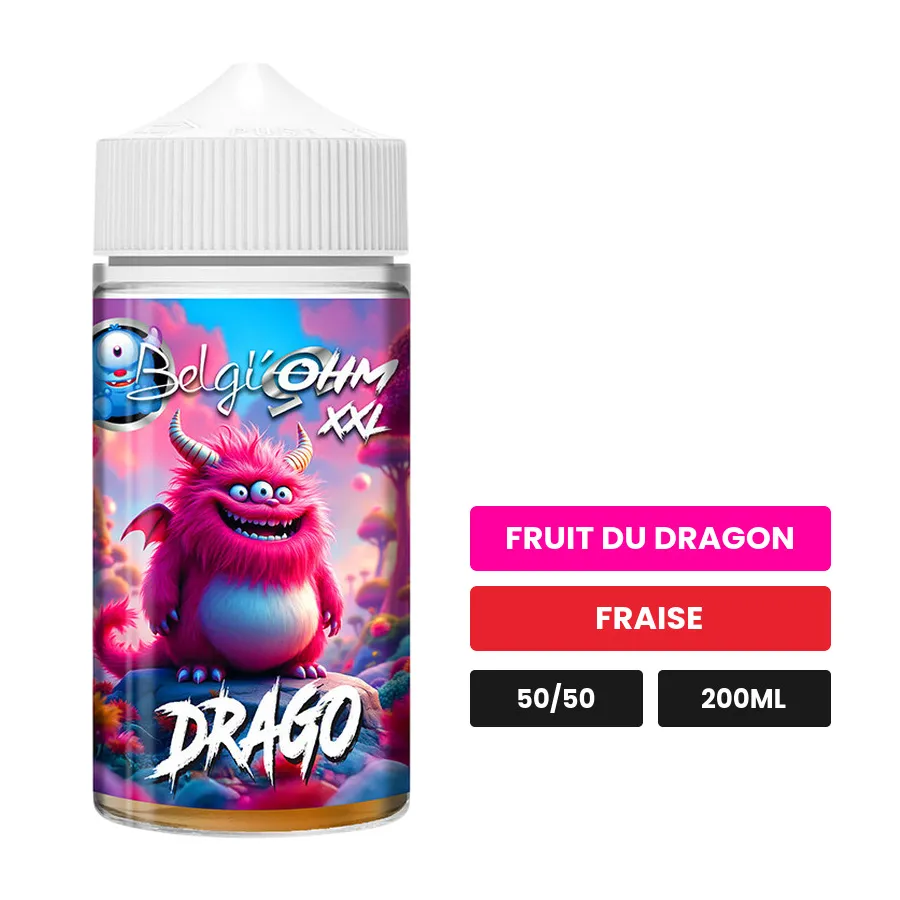 E-liquide Drago de Belgi'ohm, 200 ml, saveurs fruit du dragon et fraise, sans nicotine — prêt à booster de nicotine.