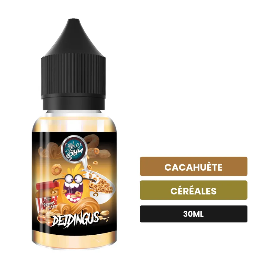 Arome concentre Dejdingus de Belgi'ohm, 30 ml, saveurs cacahuète et céréales.