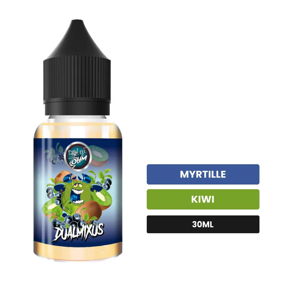 Arome concentre Dualmixus de Belgi'ohm, 30 ml, saveurs myrtille et kiwi.