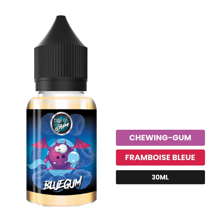 Arome concentre Bluegum de Belgi'ohm, 30 ml, saveurs chewing-gum et framboise bleue.