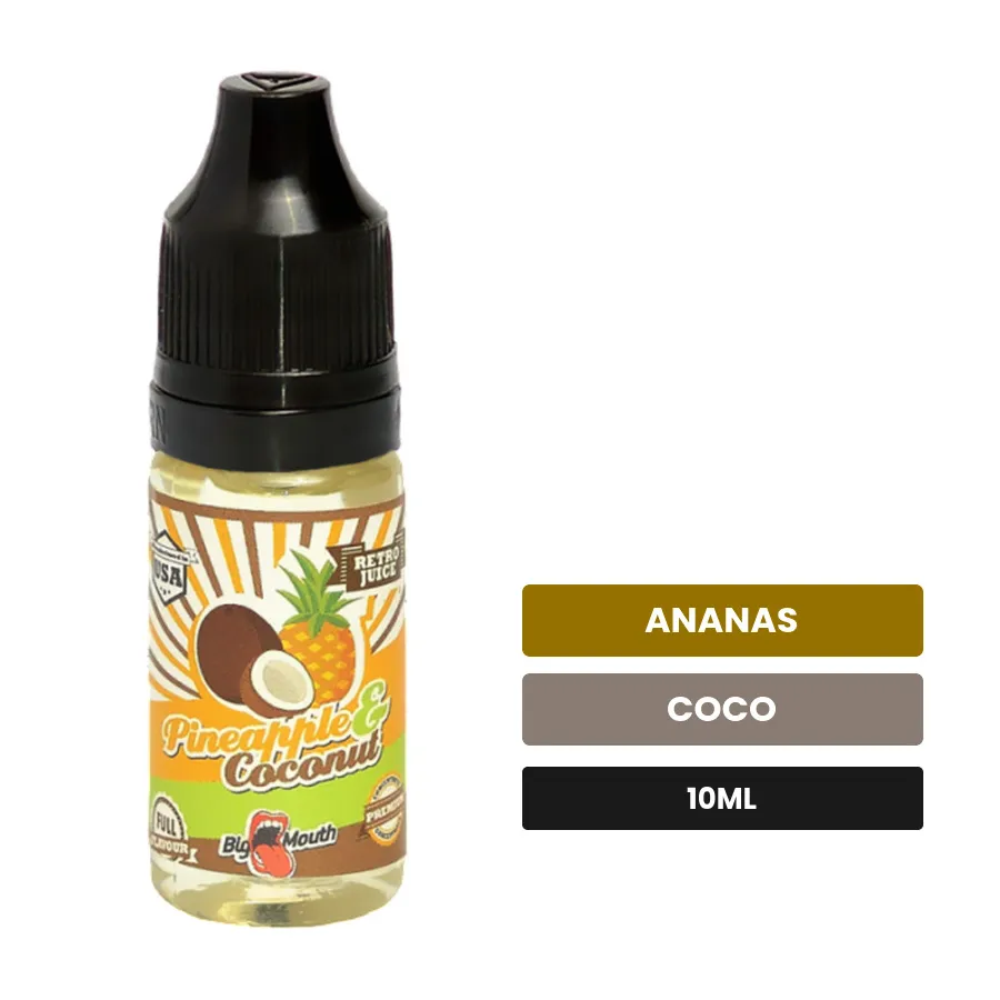 Arome concentre Pineapple Coconuts de Big Mouth, 10 ml, saveurs ananas et coco, sans nicotine — arôme à diluer de nicotine.