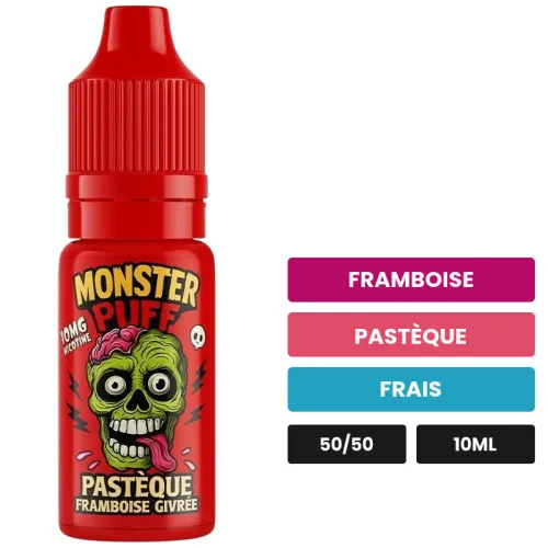 E-liquide Pastèque Framboise Givrée de Monster Puff, 10 ml, saveurs framboise, pastèque et frais.