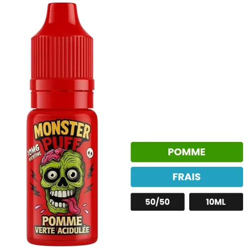 E-liquide Pomme Verte Acidulée de Monster Puff, 10 ml, saveurs pomme et frais.