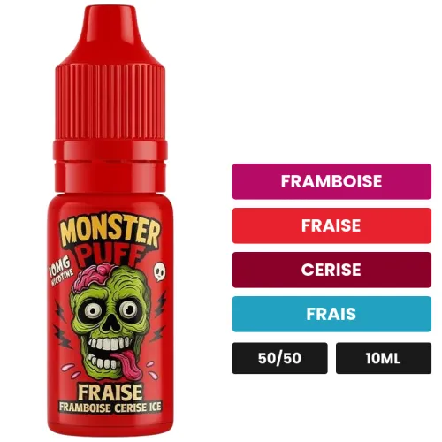 E-liquide Fraise Framboise Cerise Ice de Monster Puff, 10 ml, saveurs framboise, fraise, cerise et 1 autre.