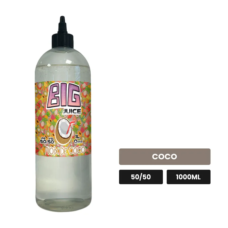 E-liquide Noix de Coco de Big Juice, 1000 ml, saveur coco, sans nicotine de nicotine.